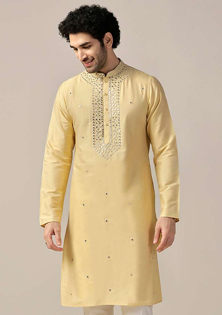 Yellow Embellished Cotton Blend Kurta - Indya