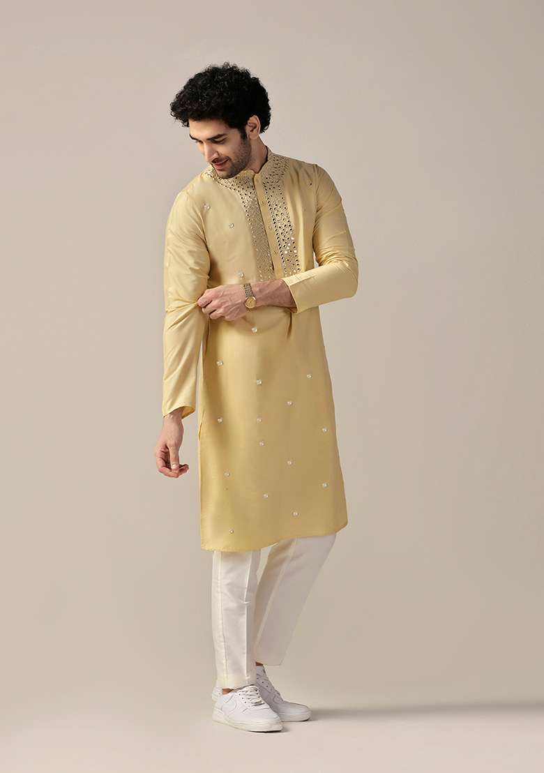 Yellow Embellished Cotton Blend Kurta - Indya