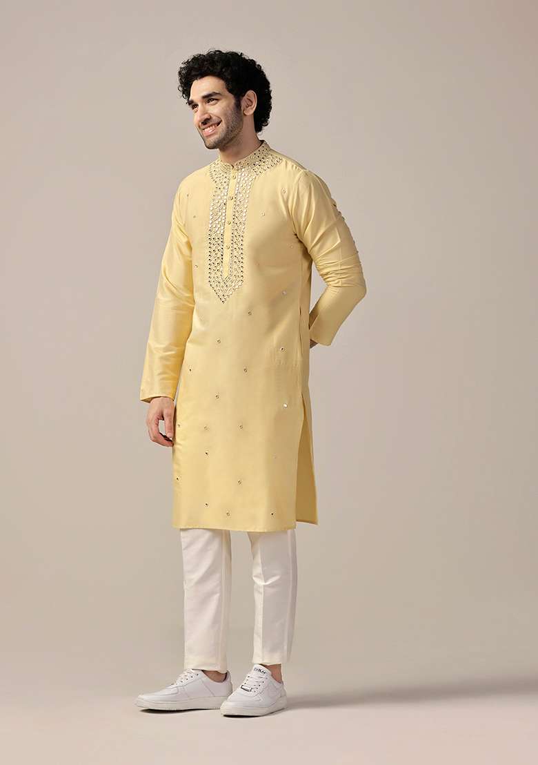Yellow Embellished Cotton Blend Kurta - Indya