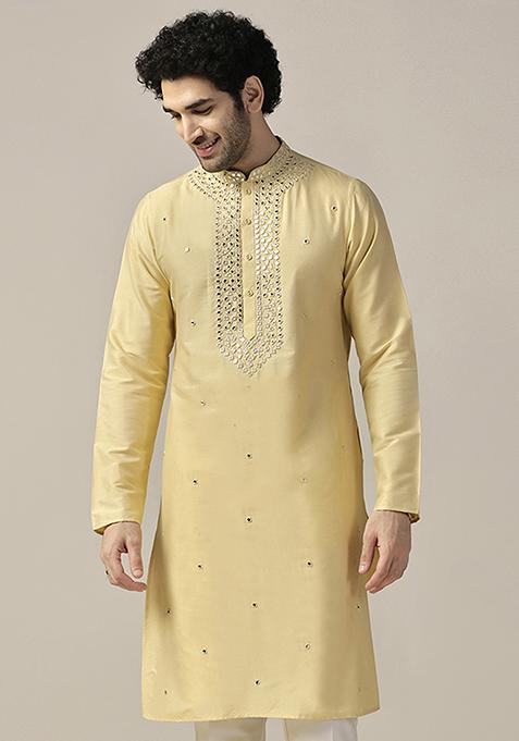 Yellow Embellished Cotton Blend Kurta