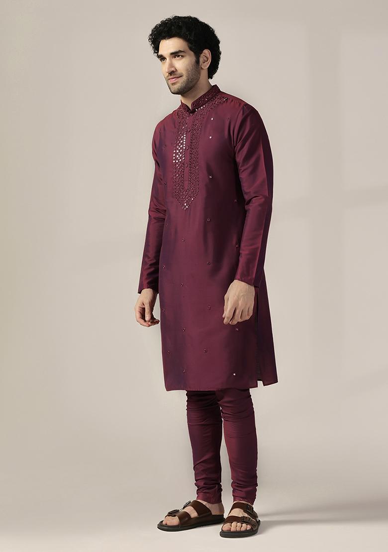 Magenta Embellished Cotton Blend Kurta Set - Indya