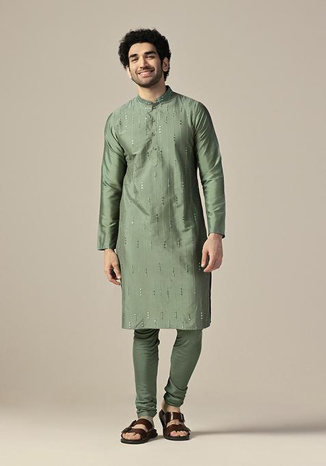 Green Embellished Cotton Blend Kurta Set