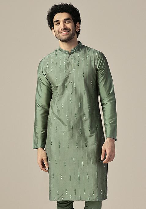 Green Embellished Cotton Blend Kurta