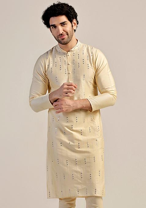 Cream Mirror Embroidered Cotton Blend Kurta