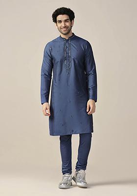Blue Embellished Cotton Blend Kurta Set