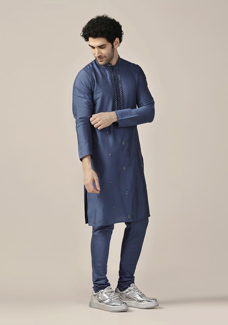 Blue Embellished Cotton Blend Kurta Set - Indya