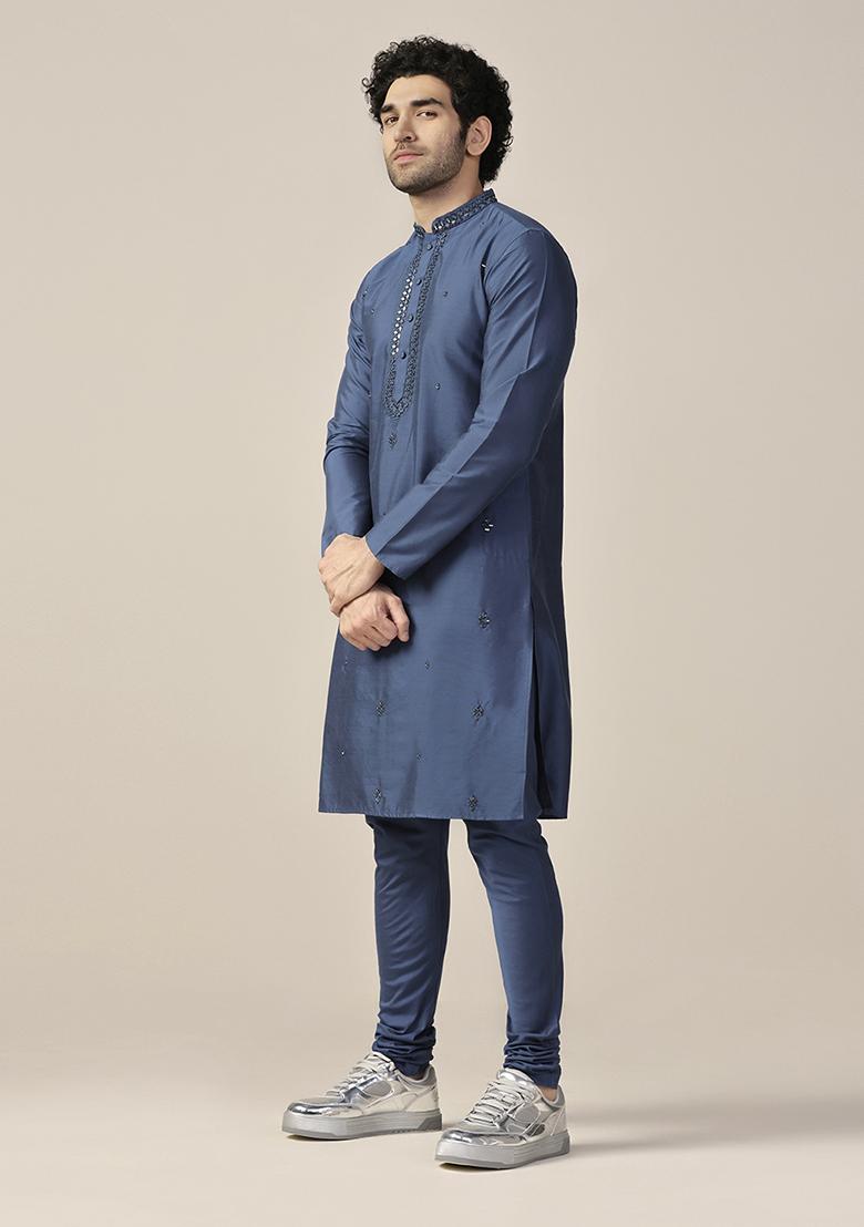 Blue Embellished Cotton Blend Kurta Set - Indya
