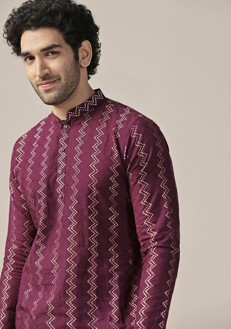 Magenta Textured Cotton Blend Kurta - Indya