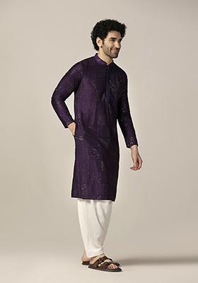 Purple Solid Textured Cotton Blend Kurta