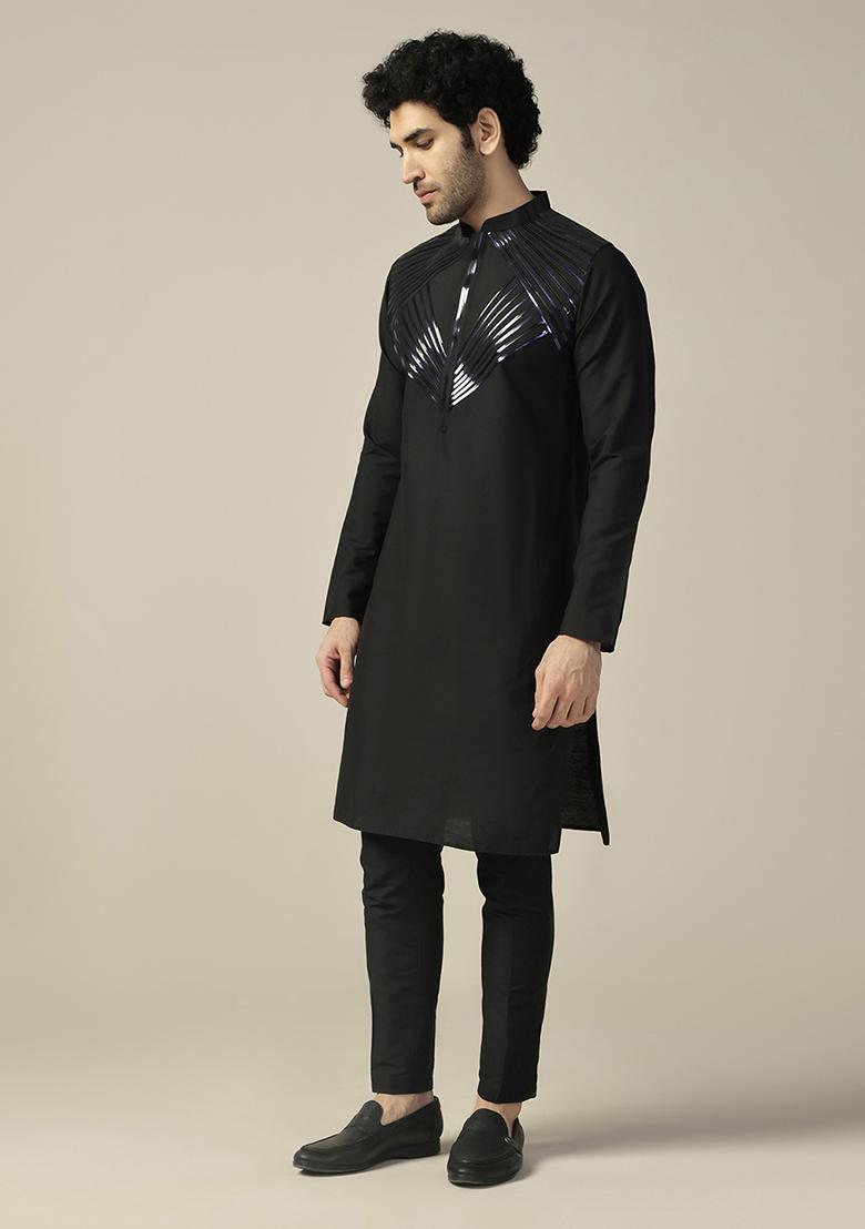 Black Embellished Cotton Blend Kurta Set - Indya