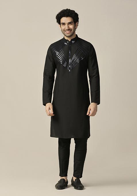 Black Embellished Cotton Blend Kurta Set