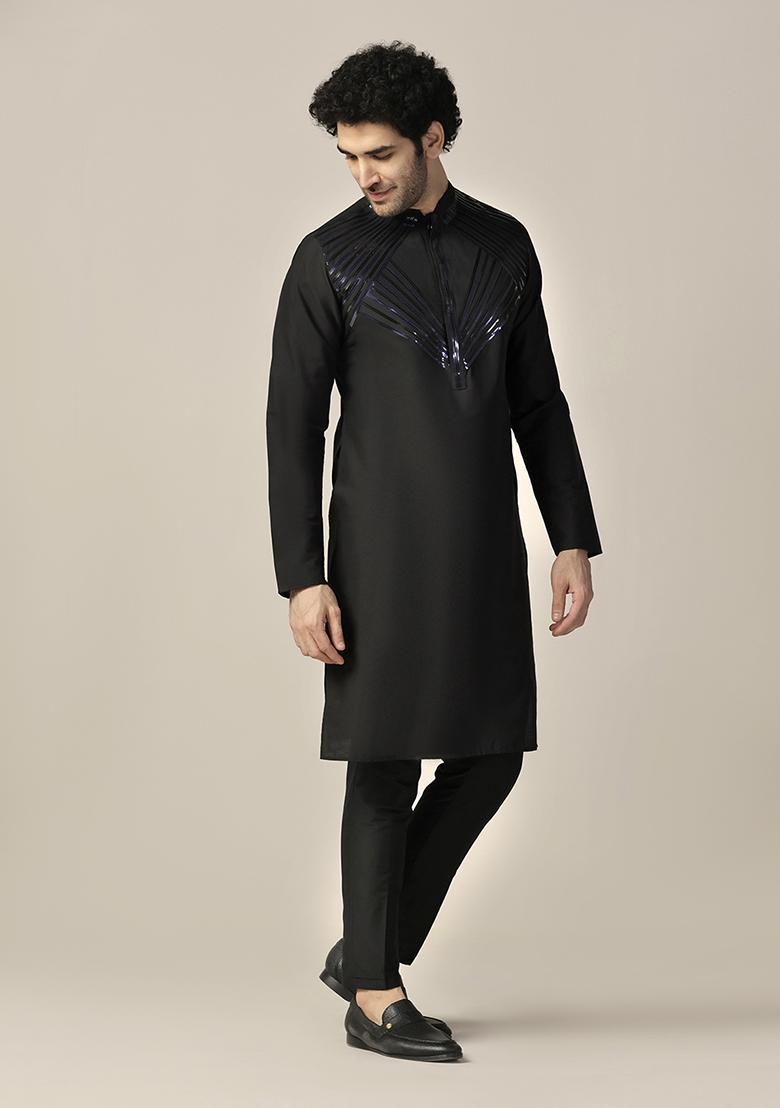 Black Embellished Cotton Blend Kurta - Indya