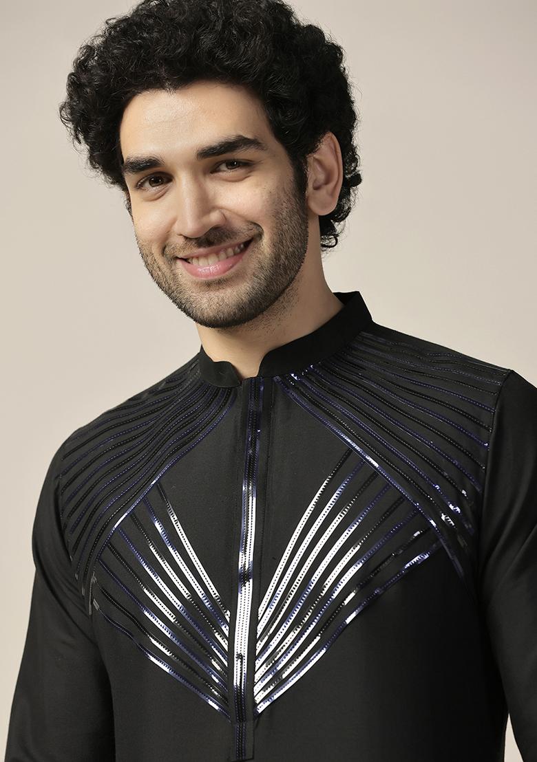 Black Embellished Cotton Blend Kurta - Indya