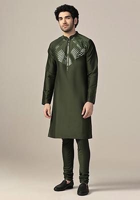 Olive Embellished Cotton Blend Kurta