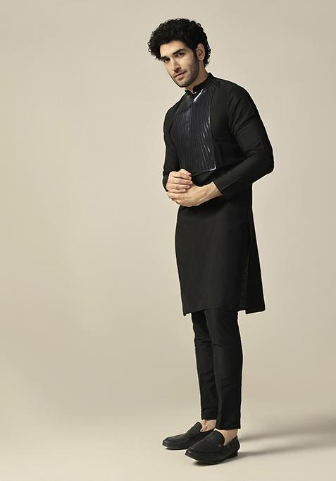 Black Embellished Cotton Blend Kurta