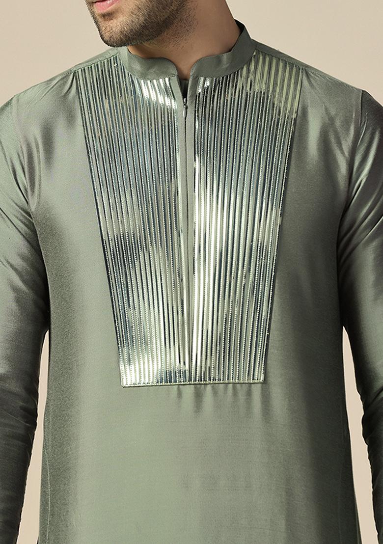 Green Tape Work Embellishment Cotton Blend Kurta - Indya