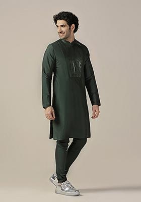 Bottle green Embellished Cotton Blend Kurta