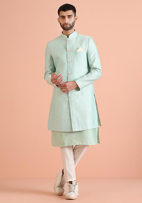 Aqua Green Self Design Cotton Blend Sherwani Set