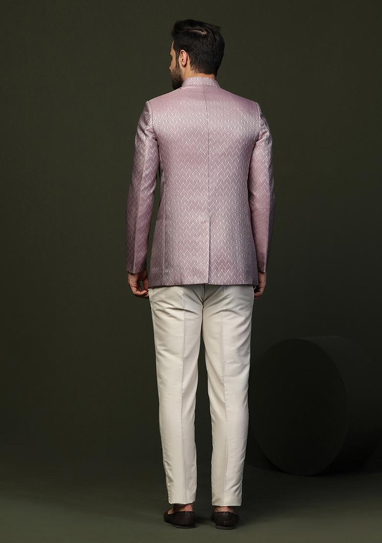 Lilac Textured Silk Blend Jacquard Bandhgala Set - Indya