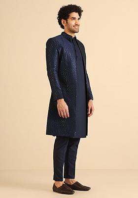 Navy Blue Embroidered Silk Blend Sherwani