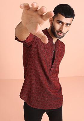 Black Self Design Silk Blend Short Kurta