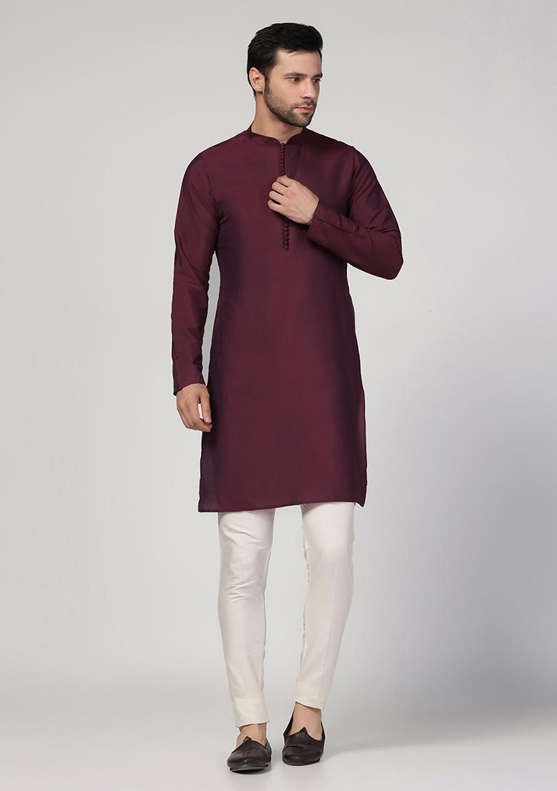 Wine Solid Cotton Blend Kurta Set