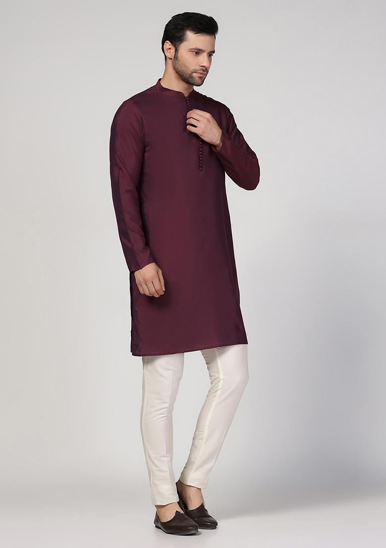 Wine Solid Cotton Blend Kurta Set