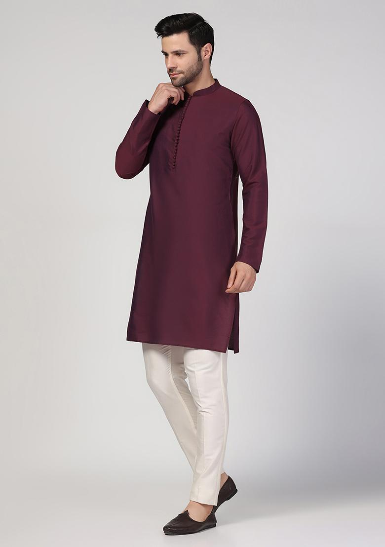 Wine Solid Cotton Blend Kurta Set