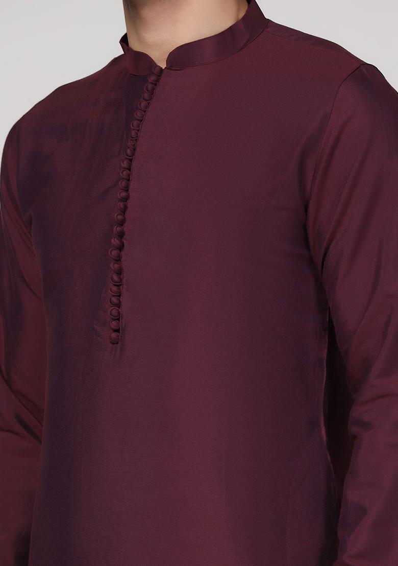 Wine Solid Cotton Blend Kurta Set