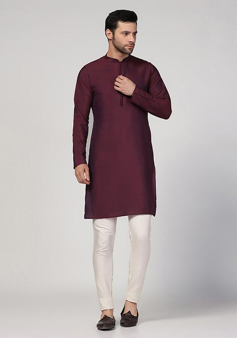 Wine Solid Cotton Blend Kurta Set
