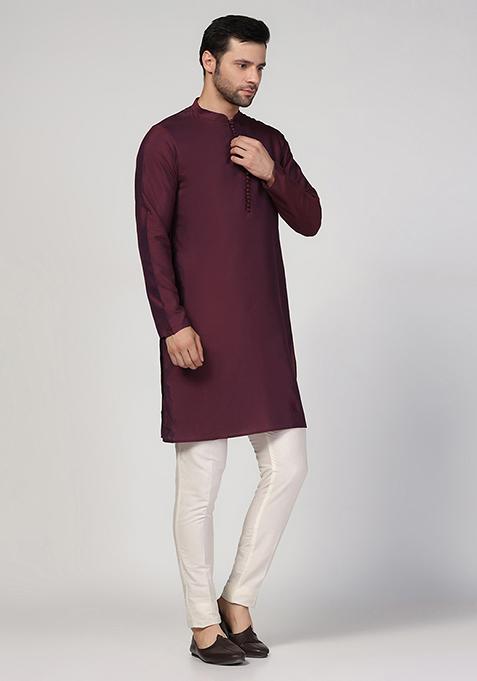 Wine Solid Cotton Blend Kurta Set