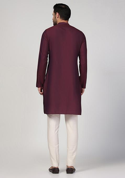 Wine Solid Cotton Blend Kurta Set