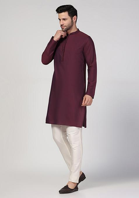 Wine Solid Cotton Blend Kurta Set