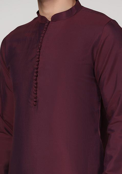 Wine Solid Cotton Blend Kurta Set