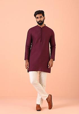 Wine Solid Cotton Blend Kurta