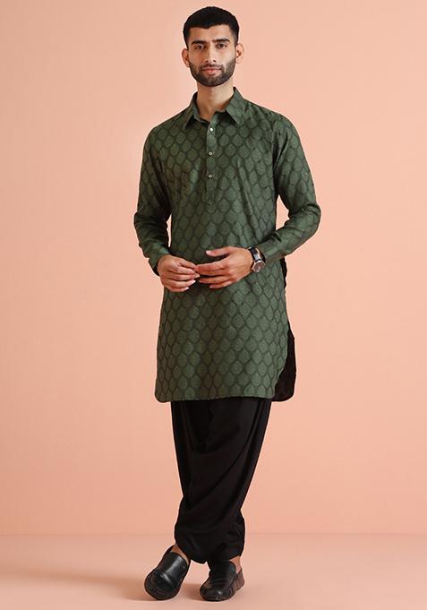 Olive Self Design Silk Blend Kurta Set