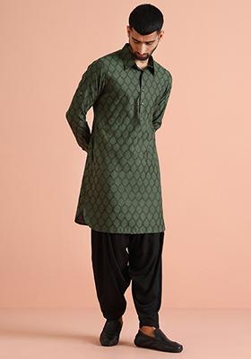 Olive Self Design Silk Blend Kurta