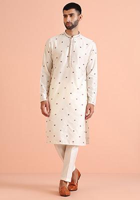 Cream Embroidered Cotton Blend Kurta Set