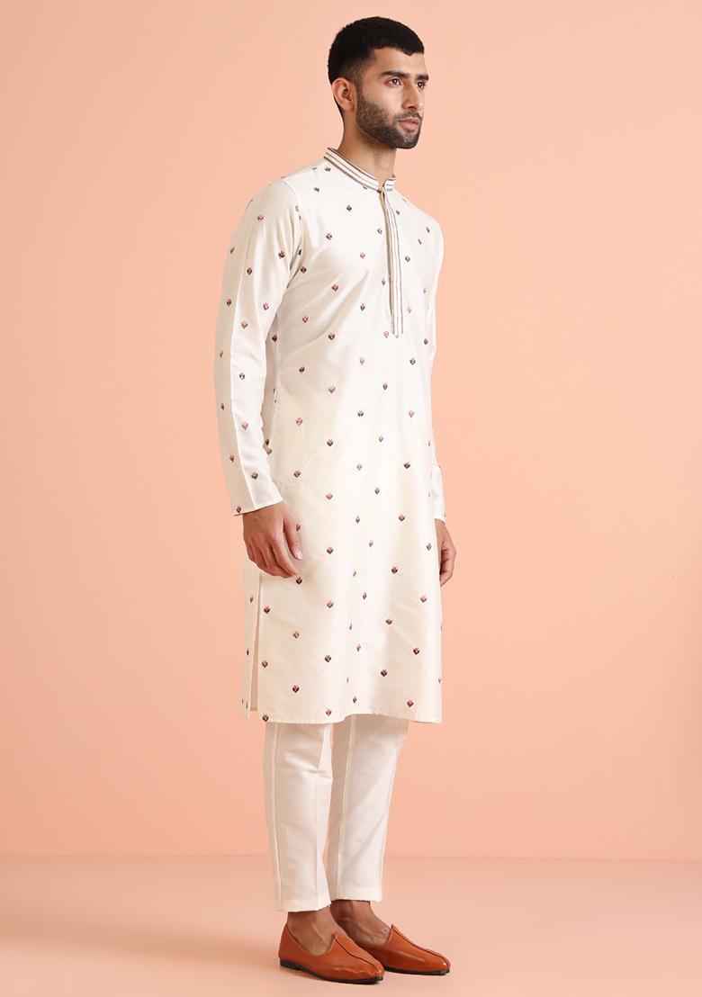 Cream Embroidered Cotton Blend Kurta Set - Indya