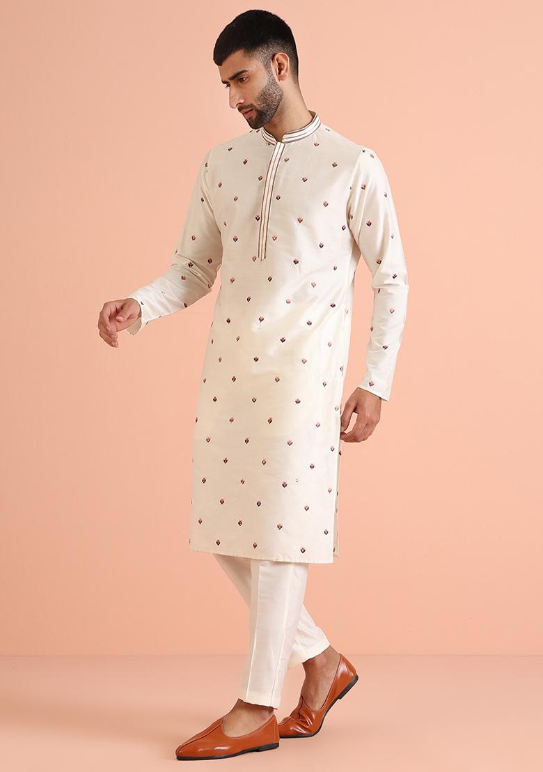 Cream Embroidered Cotton Blend Kurta Set - Indya