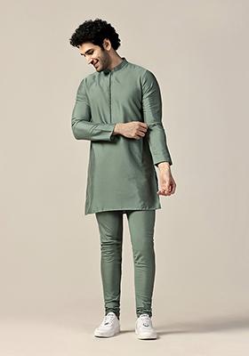 Green Solid Cotton Blend Mid Kurta Set