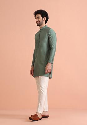 Green Solid Cotton Blend Mid Kurta