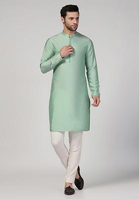 Aqua Green Solid Cotton Blend Mid Kurta Set