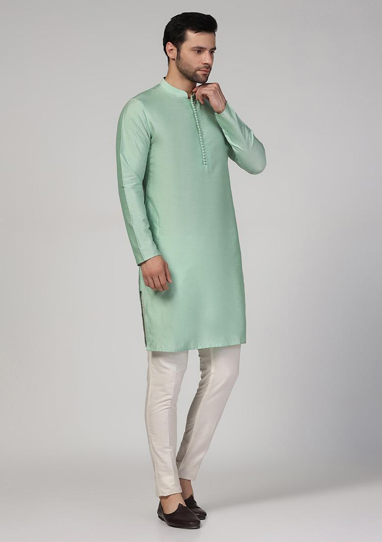 Aqua Green Solid Cotton Blend Mid Kurta Set