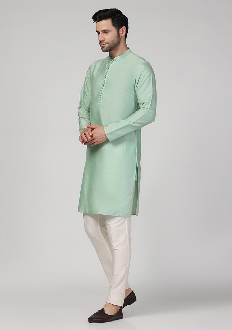 Aqua Green Solid Cotton Blend Mid Kurta Set
