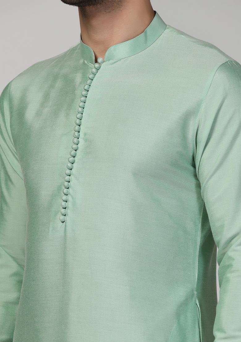 Aqua Green Solid Cotton Blend Mid Kurta Set