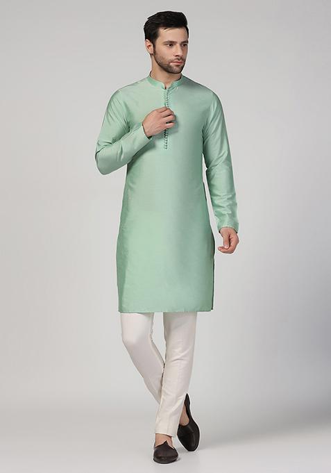 Aqua Green Solid Cotton Blend Mid Kurta Set