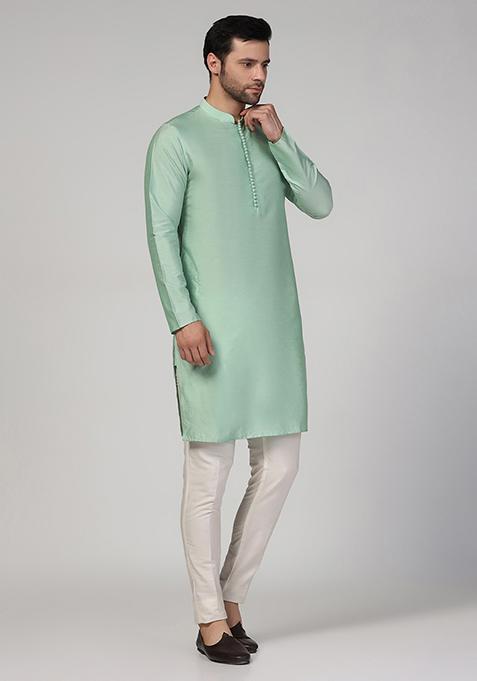 Aqua Green Solid Cotton Blend Mid Kurta Set