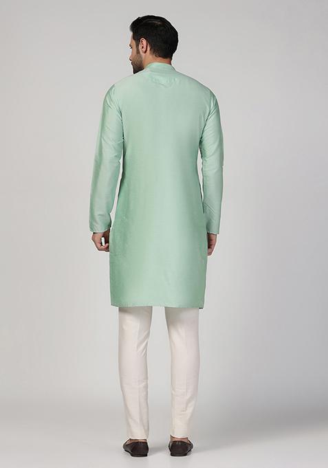 Aqua Green Solid Cotton Blend Mid Kurta Set