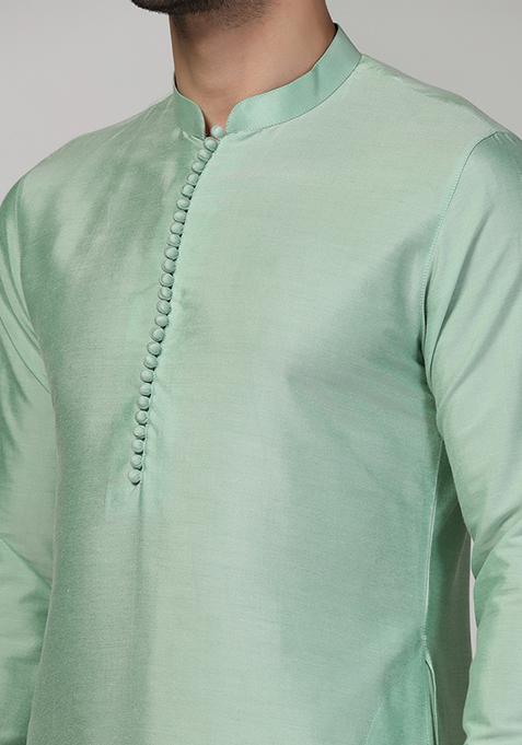 Aqua Green Solid Cotton Blend Mid Kurta Set